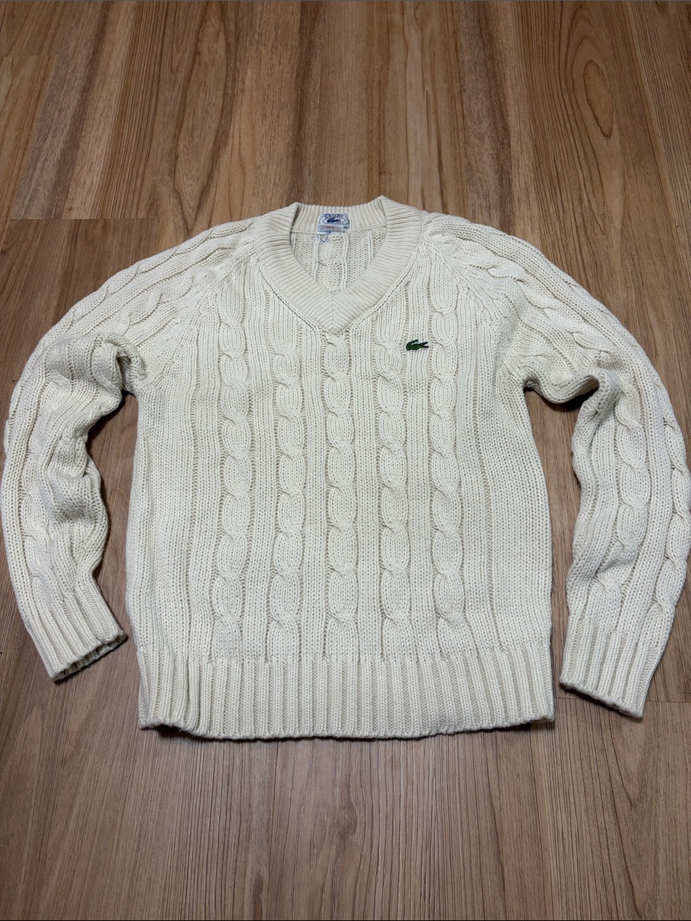 Vintage Izod Lacoste Sweater Mens Large Cream Cable Knit V Neck Crocodile Logo